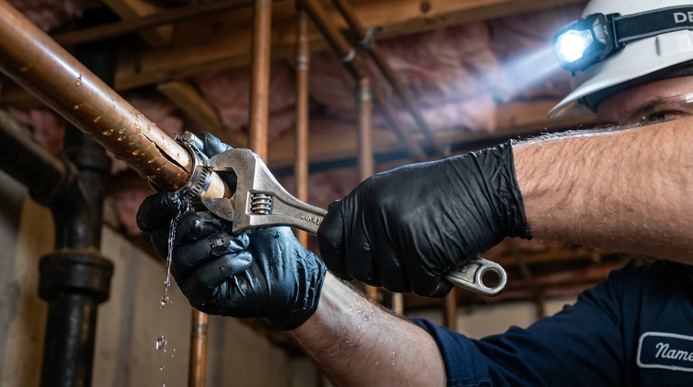 Emergency pipe clamp repair being performed by a Johns Plumbing LLC plumber in Girard