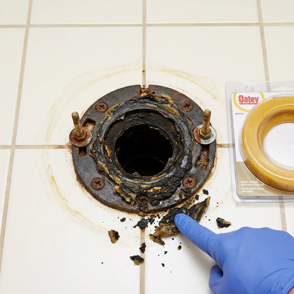 Failed wax ring showing water seepage at the base of a toilet in a Girard, PA home