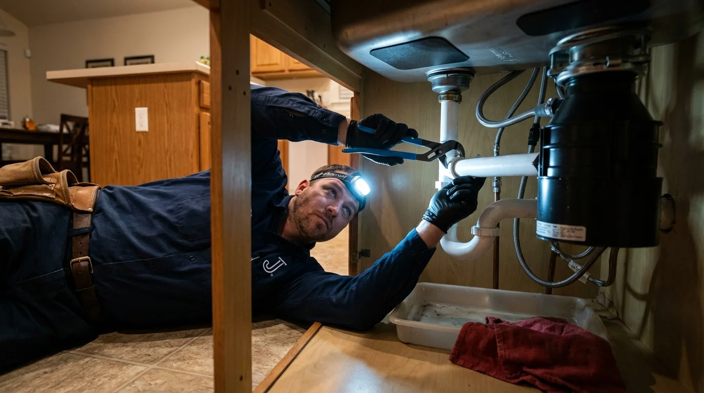 P-trap and supply line connections under a kitchen sink showing a common leak point in Girard, PA